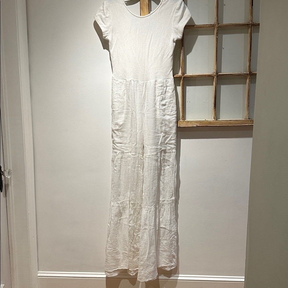 William Okpo Womens Ivory Mesh Gauze Cotton Layered Wide Leg Boho Jumpsuit
